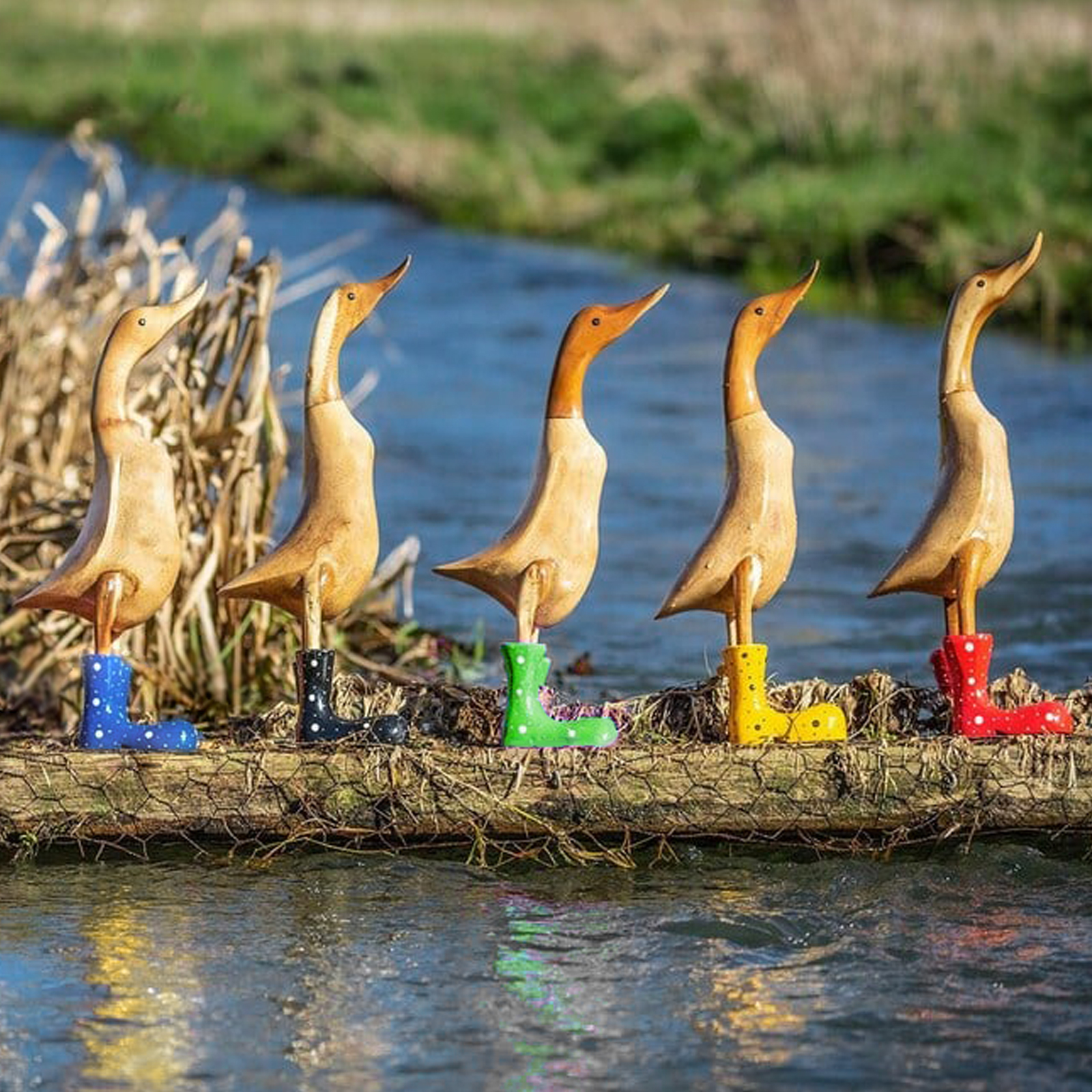 Handmade Carved Wellies Duck Family