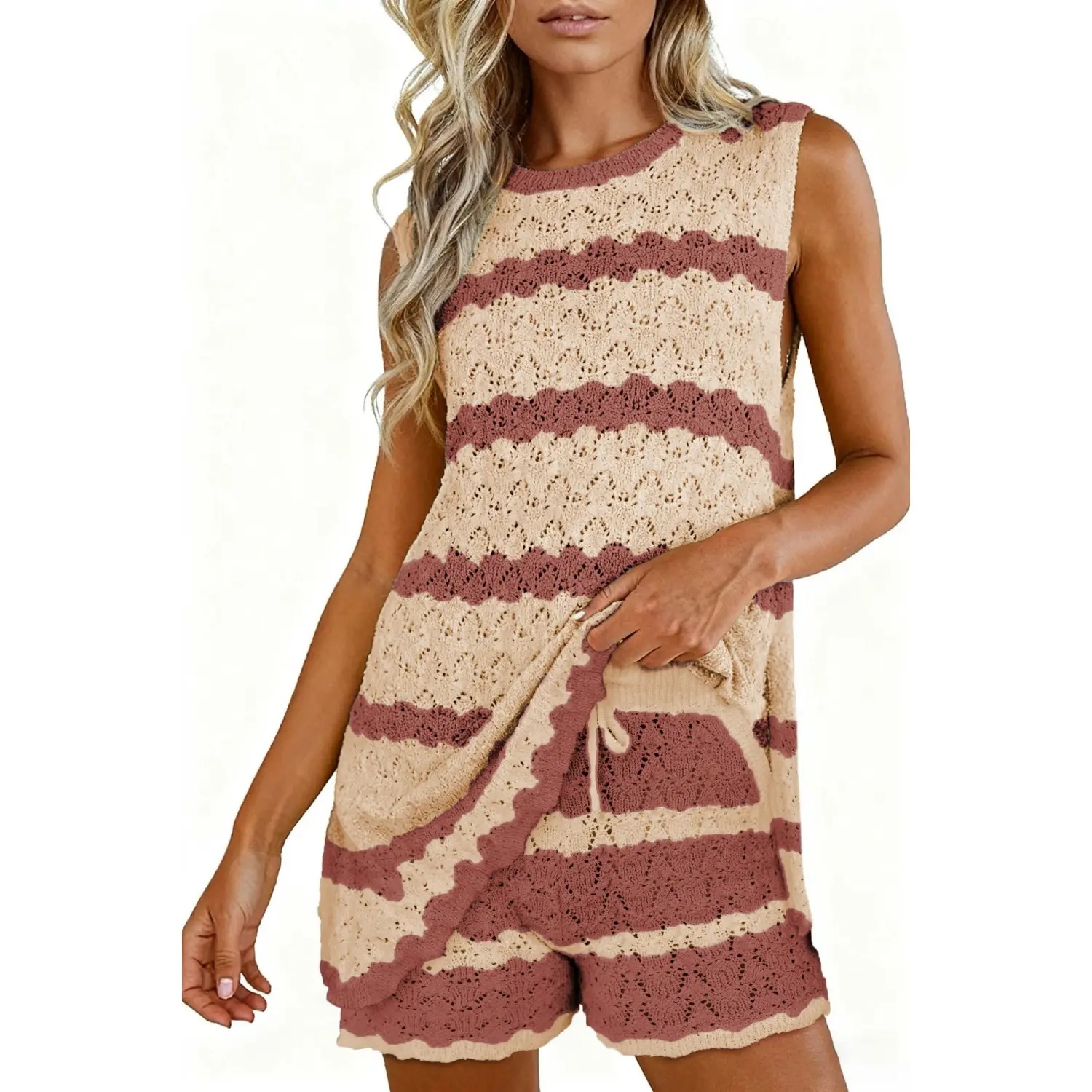 Womens Striped Crochet Knit 2 Piece Set