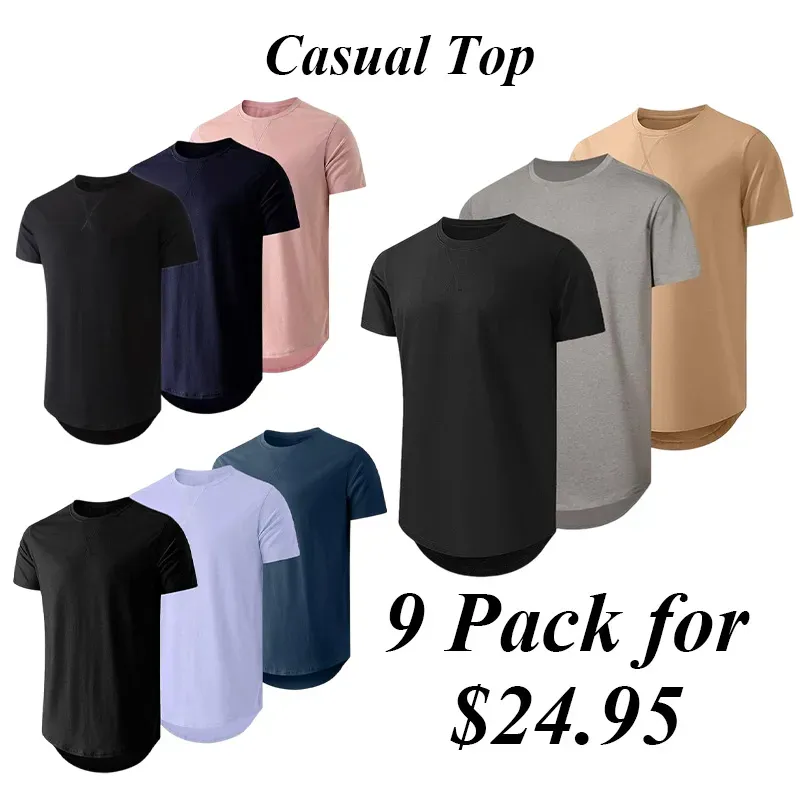9PACK-Hipster Hip Hop Longline Crewneck Shortsleeve T-Shirt,Menswear Casual Streetwear Tshirt Tops