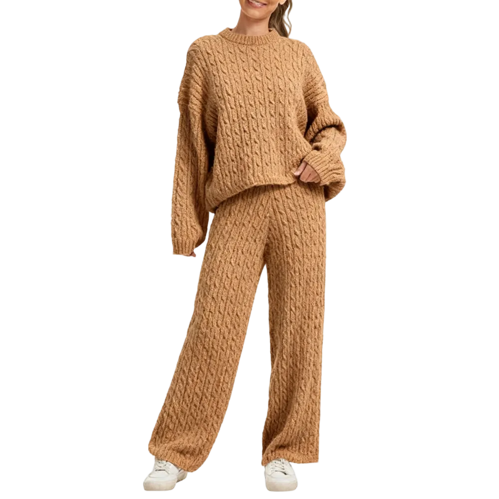 Women's Cable Knit Lounge Set - Long Sleeve Pullover & Wide Leg Pants