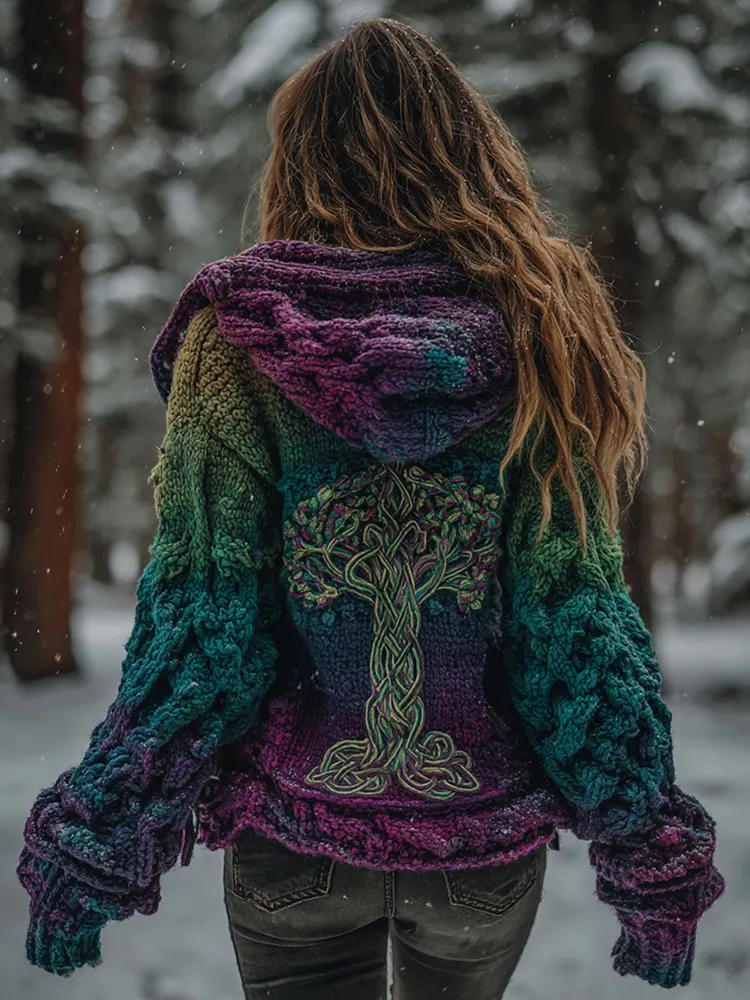 Women's Vintage Viking Tree Of Life Gradient Knit Zip-up Hooded Sweater