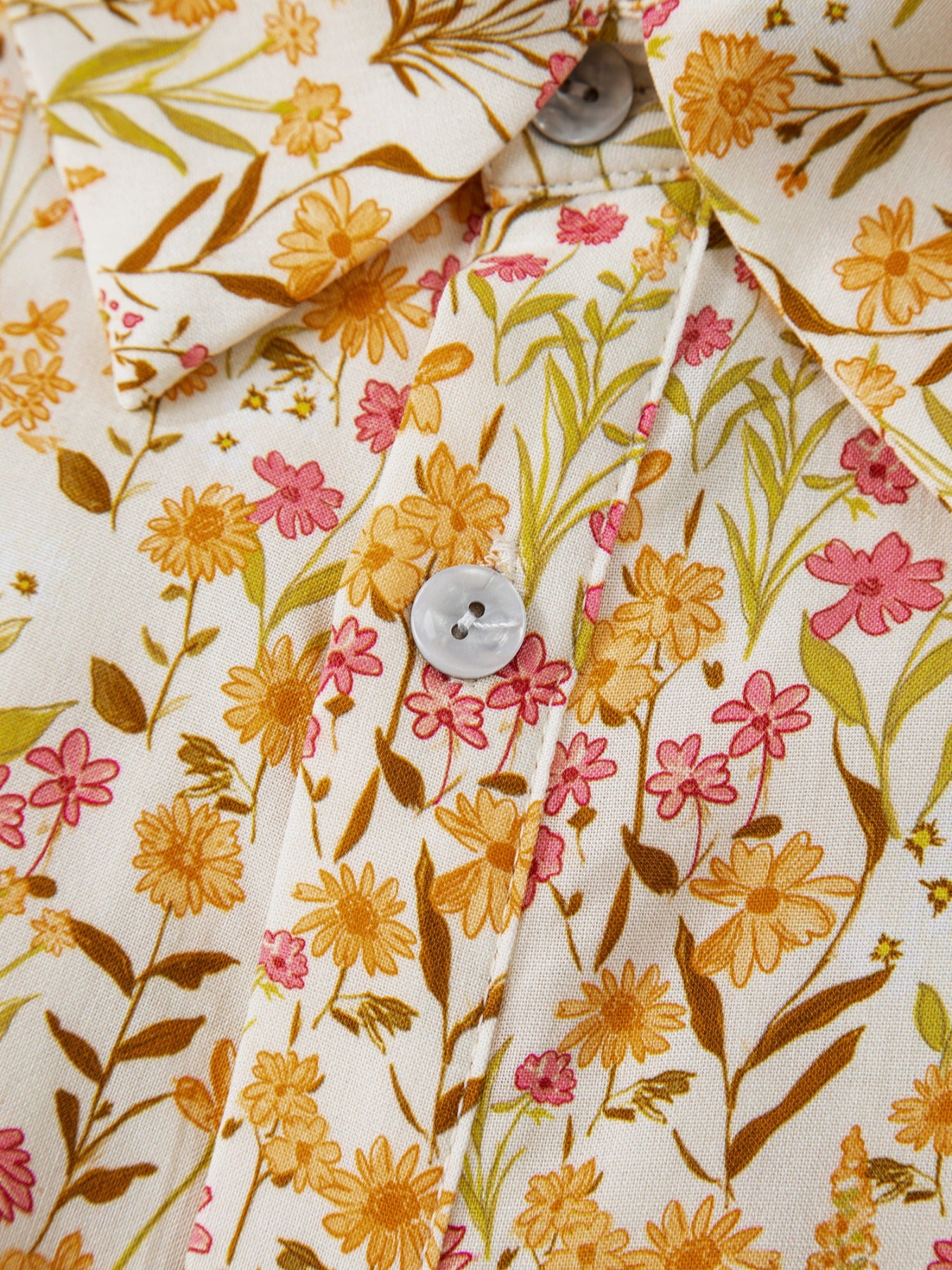 Floral Print Frilly Trim Smocked Cuff Long Sleeve Loose Shirt Dress