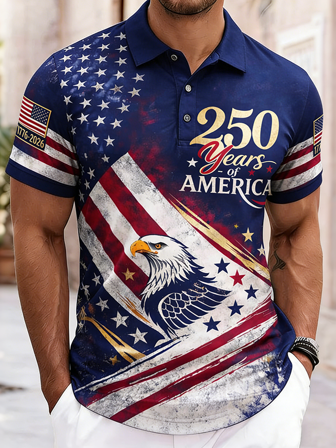 Men'S Casual American Pentagram Flag Eagle Personalized Print Lapel Polo Shirt
