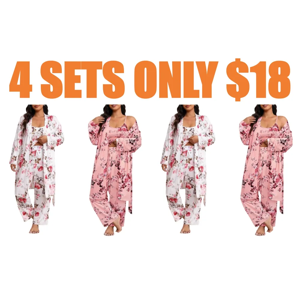 3-Piece Set Floral Print Belted Lounge Robe & Cami Top & Elastic