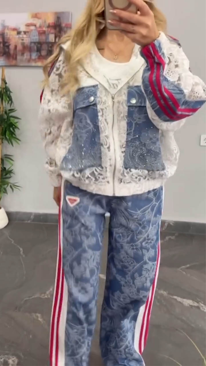 Women Hooded Rhinestone Splicing Casual Set