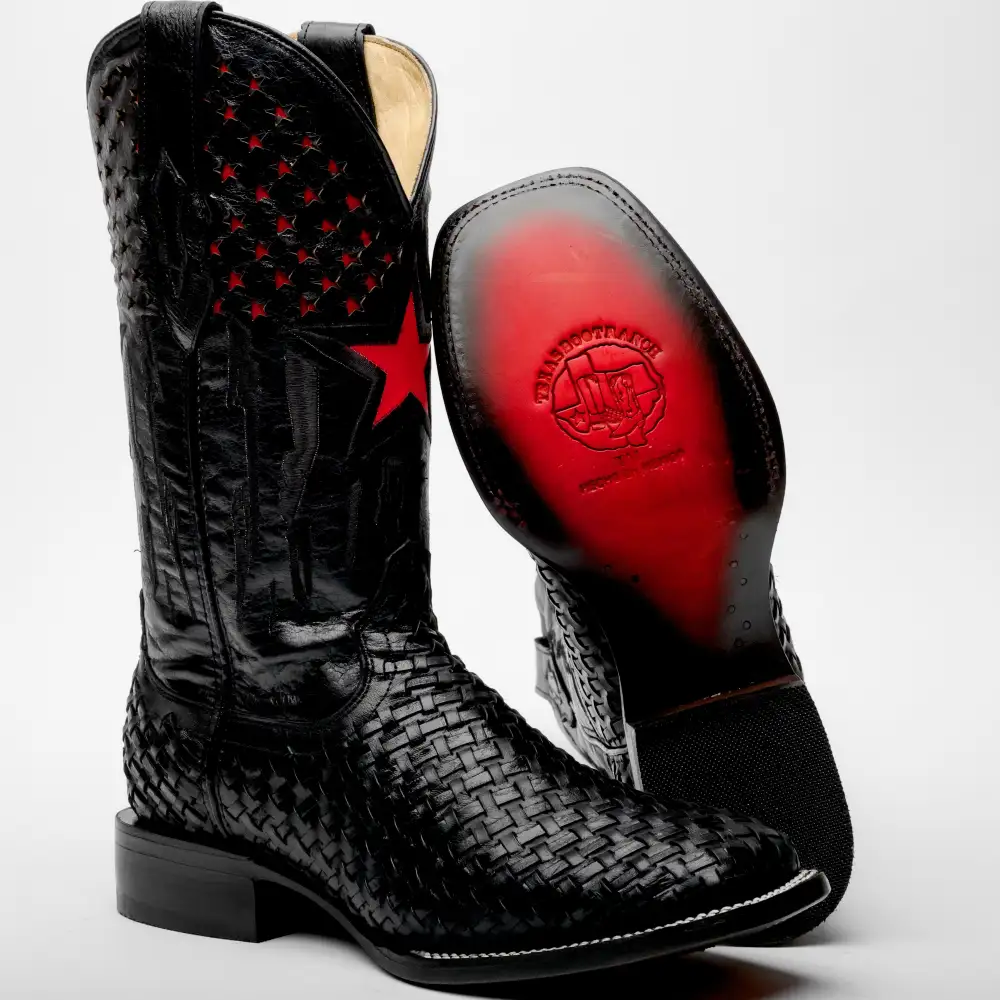 Black Basketweave Leather Boots - Square Toe