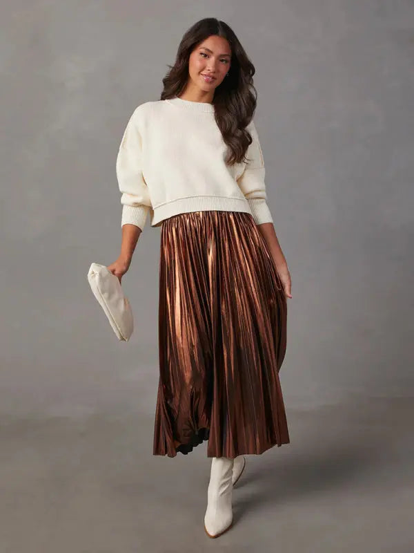Shiny Pleated High-Waisted A-Line Midi Skirt
