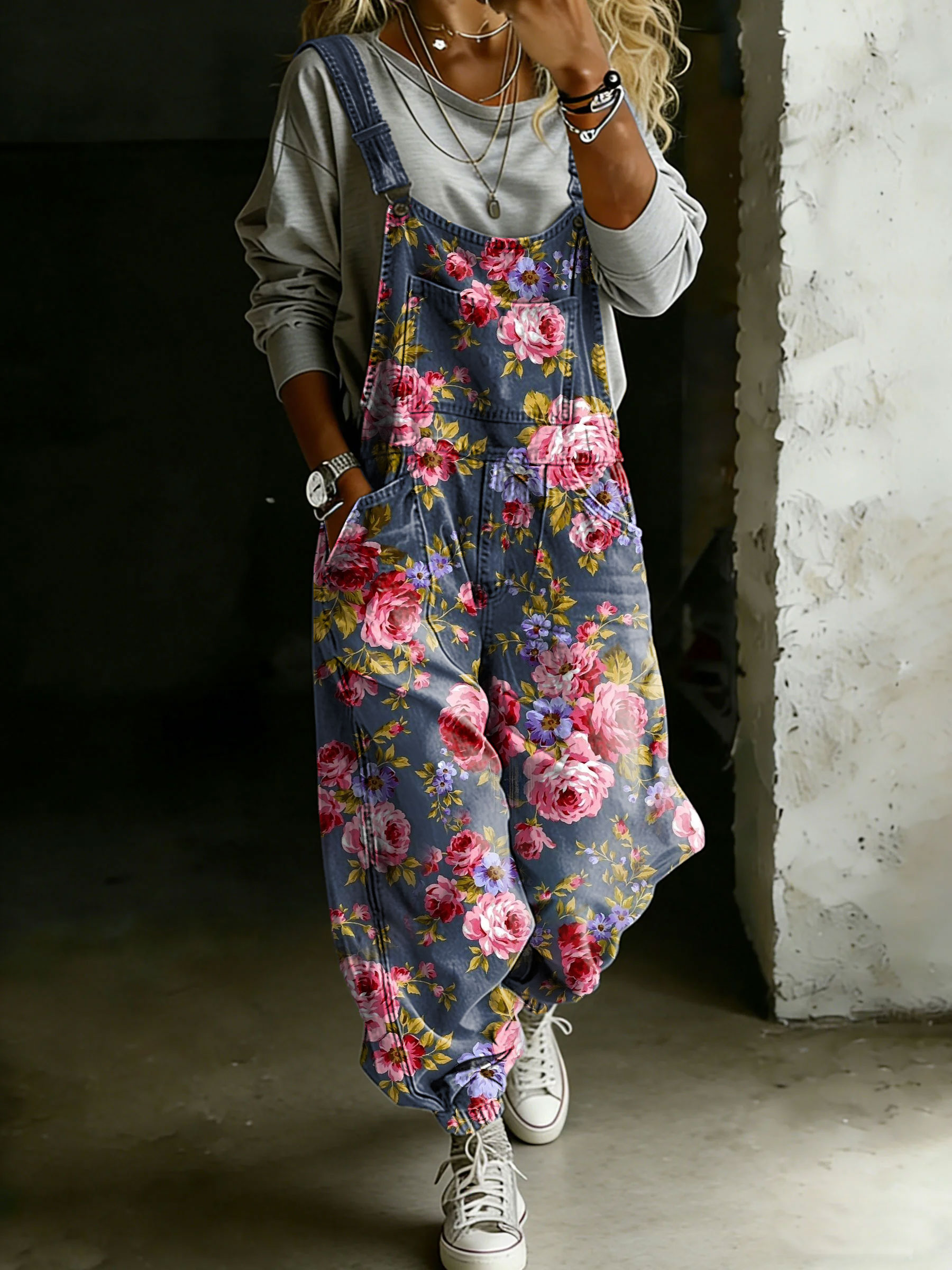 Women’s Vintage Flower Print Casual One Piece Denim Jumpsuit