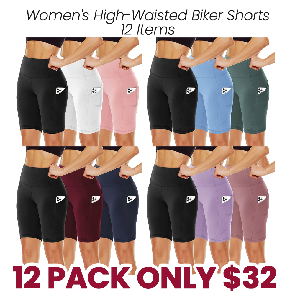 Women's High Waisted 1/3 Pack Biker Shorts with Pockets, 5