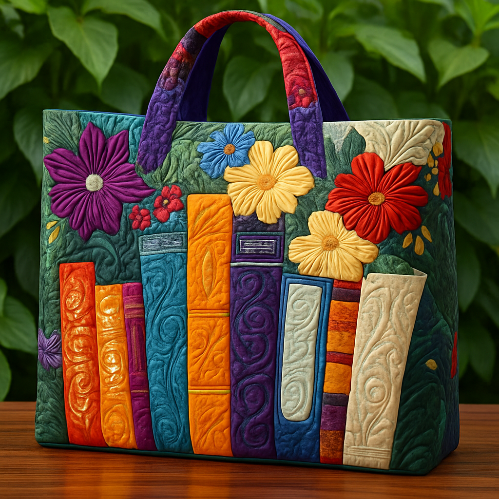 Where Flowers Meet the Stories – Colorful Book Garden Quilted Tote Bag 🌼📚