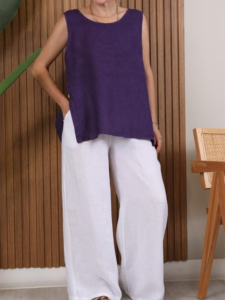 Women's Button-down Slit Linen Top