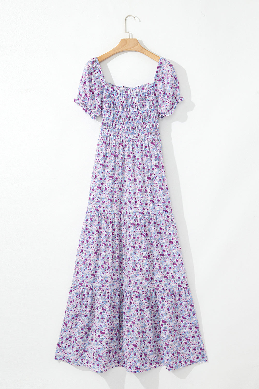 Purple Floral Short Bubble Sleeve Smocked High Waist Maxi Dress