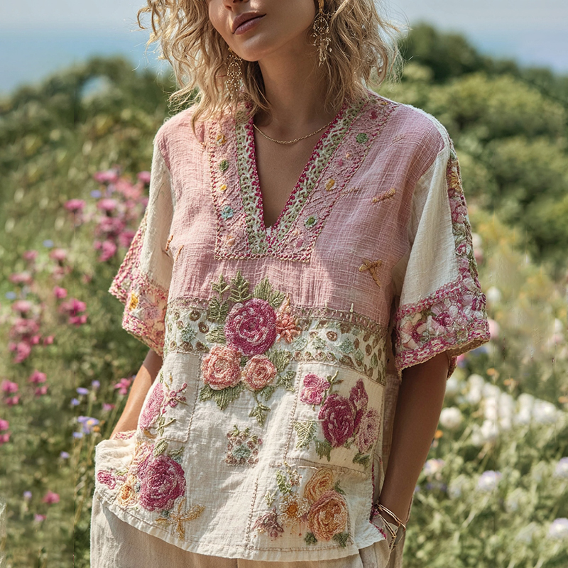 Women's Bohemian Contrast Patchwork Floral V-neck T-shirt
