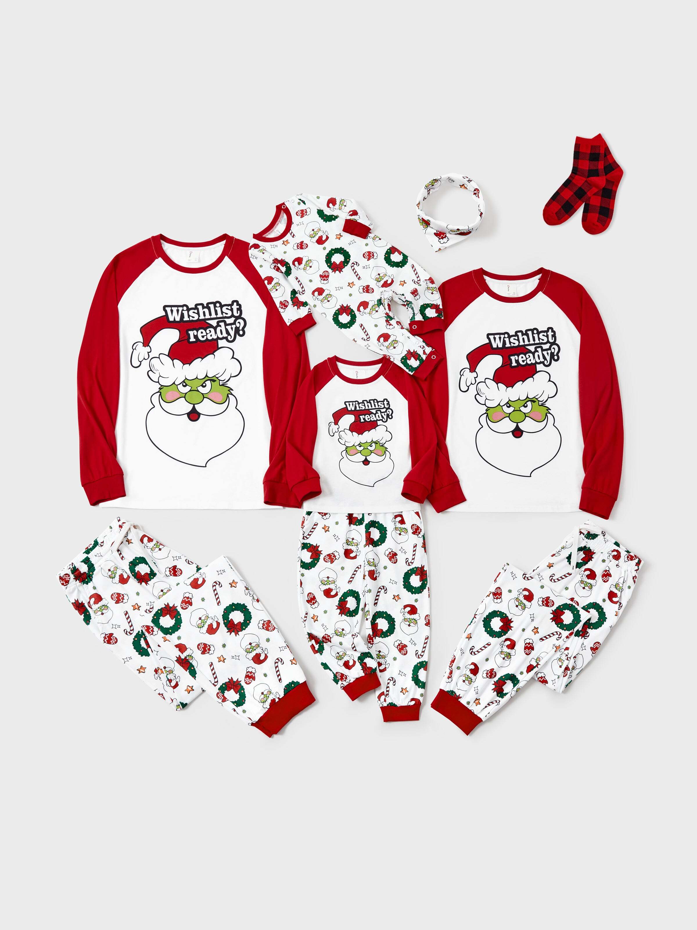 Christmas Matching Family Pajamas Set Christmas Grinch-themed Print PJS with Christmas Socks Red