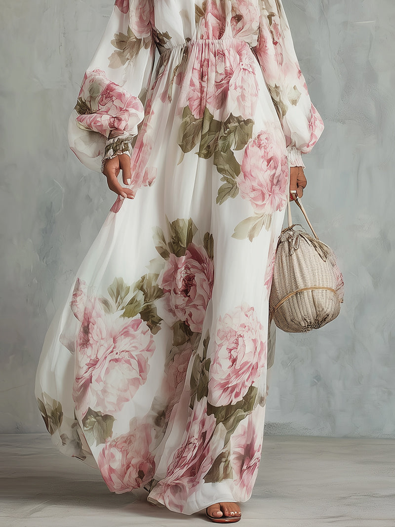 White And Pink Floral Print Off-shoulder Chiffon Maxi Dress
