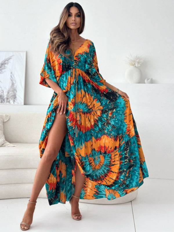 Sexy Deep V Multi-Color Printed Slit Dress With Three-Quarter Sleeves