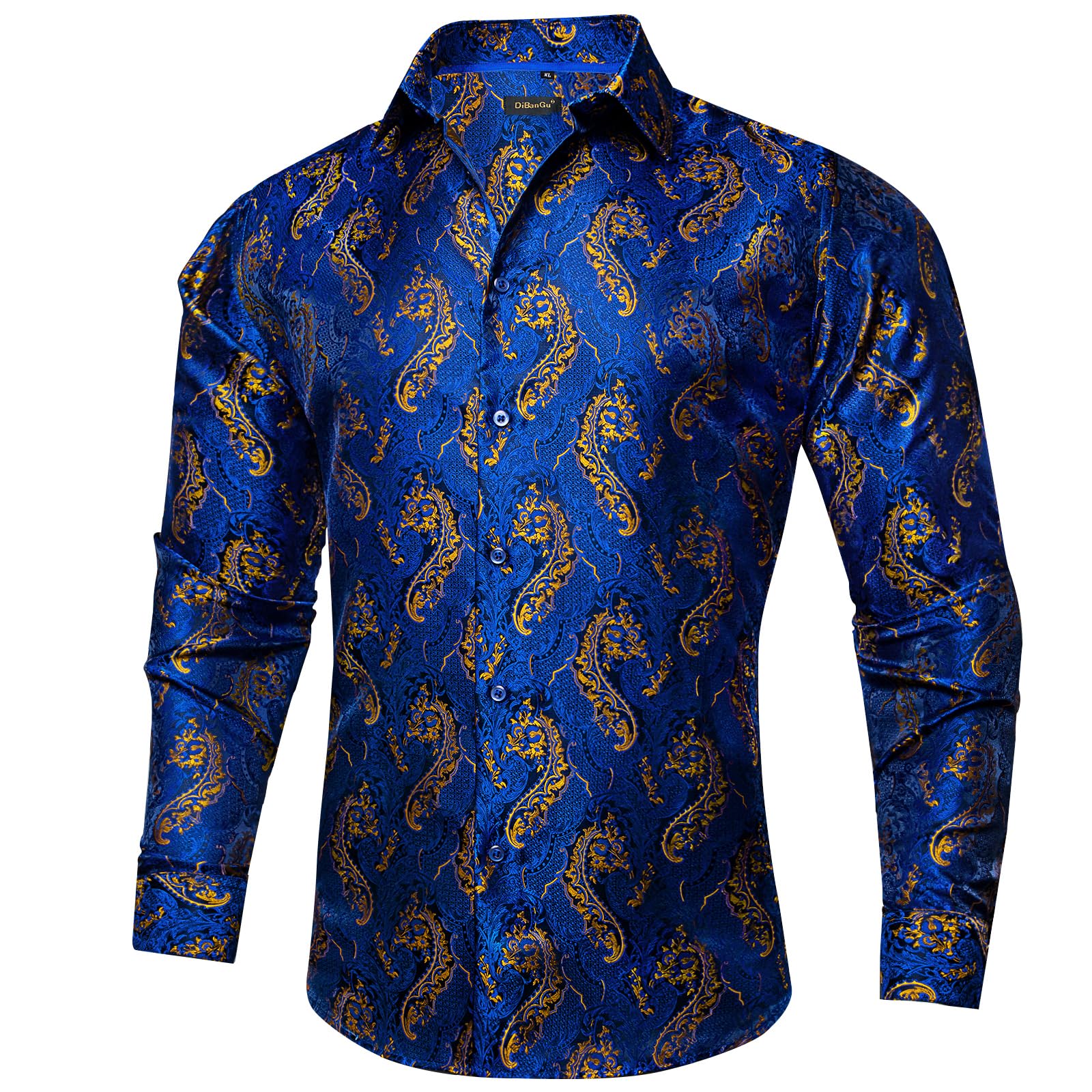 Men's Paisley Dress Shirt Long Sleeve Wrinkle Free Button Down Cowboy Shirts - Gold&blue&paisley