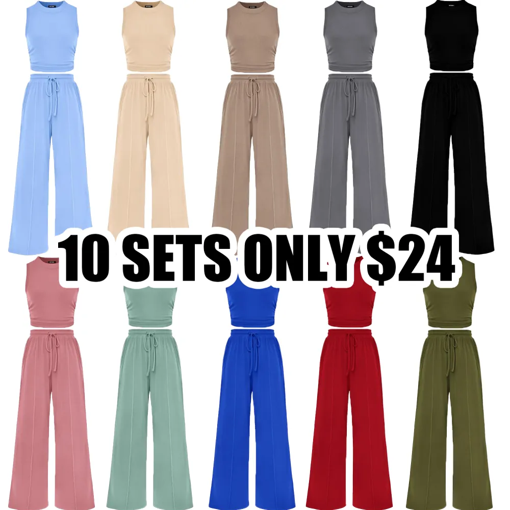 Women's Ribbed 2-Piece Lounge Set – Sleeveless Cropped Top & Wide Leg Pants for Summer Comfort & Style