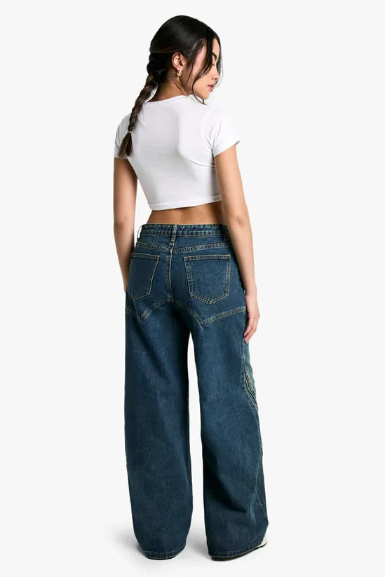Blue Seam Detail Wide Leg Jeans