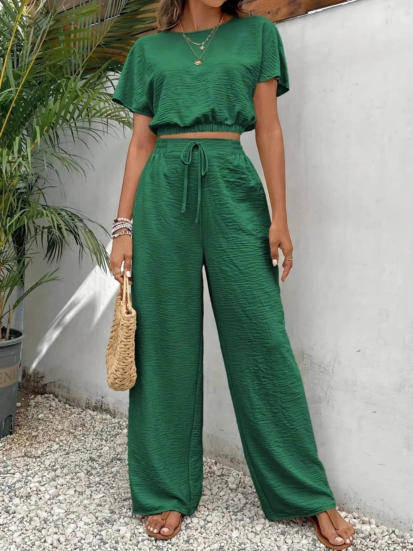 Women's Solid Color Rib-Knit Top & Wide Leg Pants Lounge Set