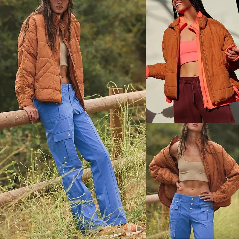 Womens Quilted Puffer Jackets Lightweight Zipper Short Padded Coat With Pockets