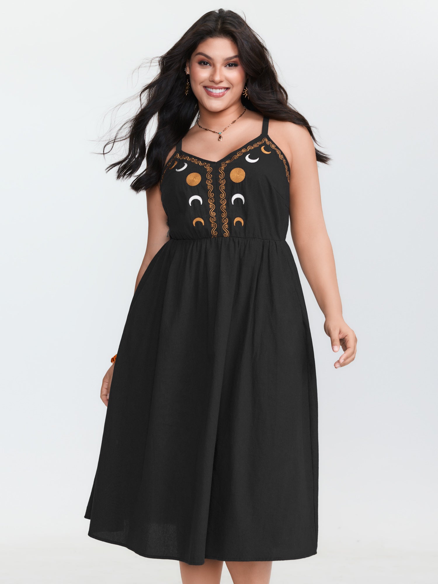 Cotton Star Moon Embroidered Shirred Midi Dress