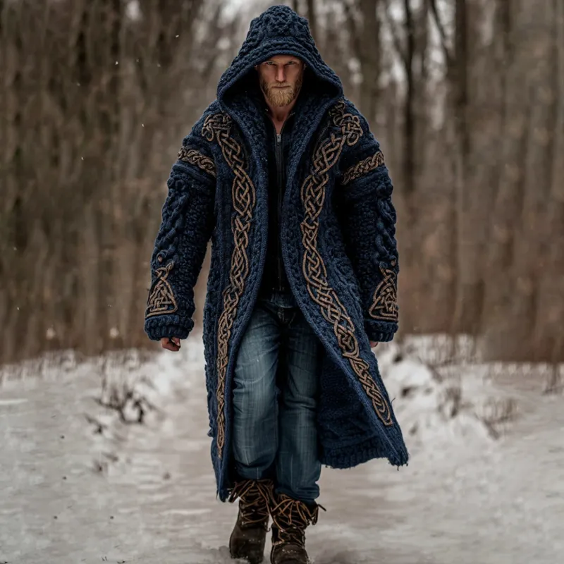 Men's Viking Celtic Knot Art  Mid-length Chunky Knit Cardigan Sweater