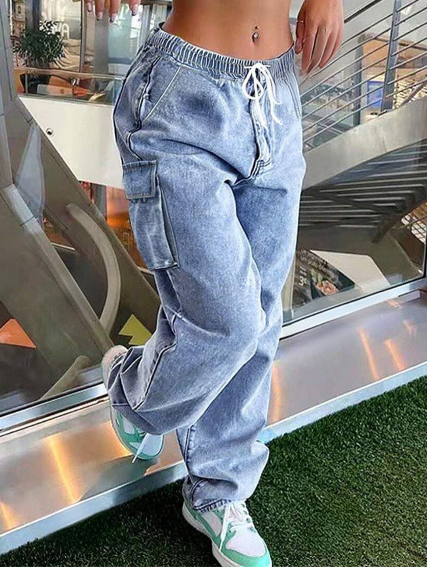 Women's elastic waistband drawstring jeans_CWJP00874