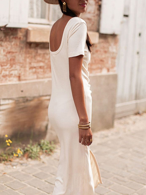 Buttoned Pleated Solid Color Bodycon High Waisted Deep V-Neck Midi Dresses