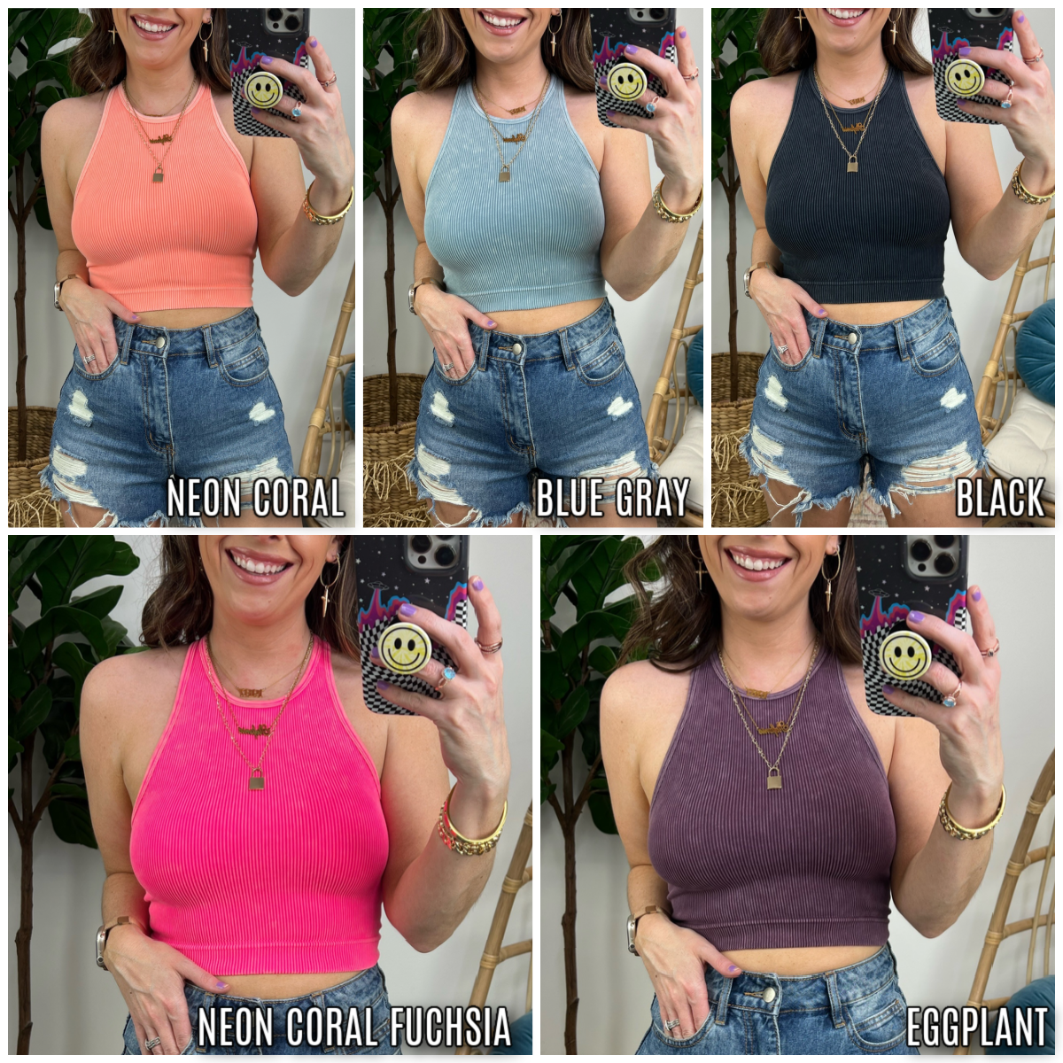 Washed Ribbed High Neck Cropped Tank Top