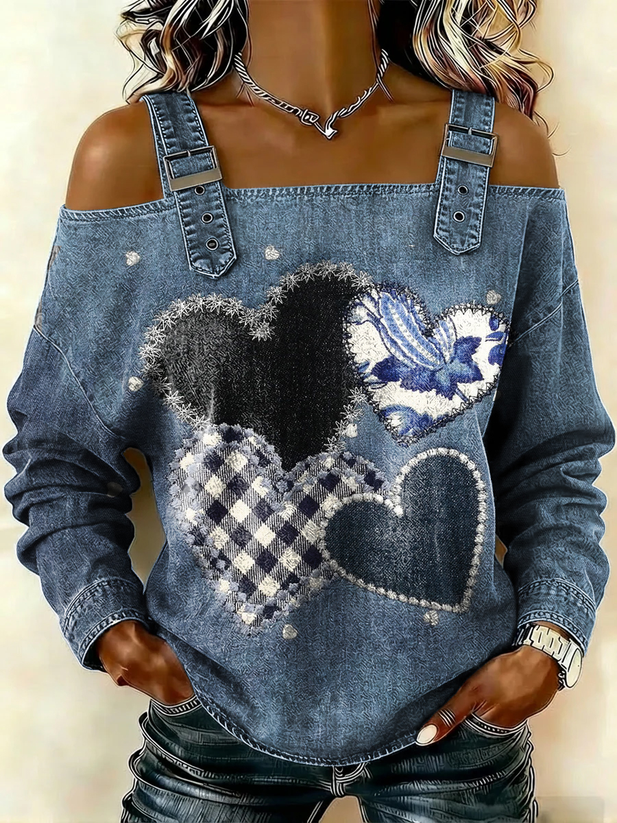 Women‘s Heart-shaped Decoration Print Casual Cotton Denim Shirt