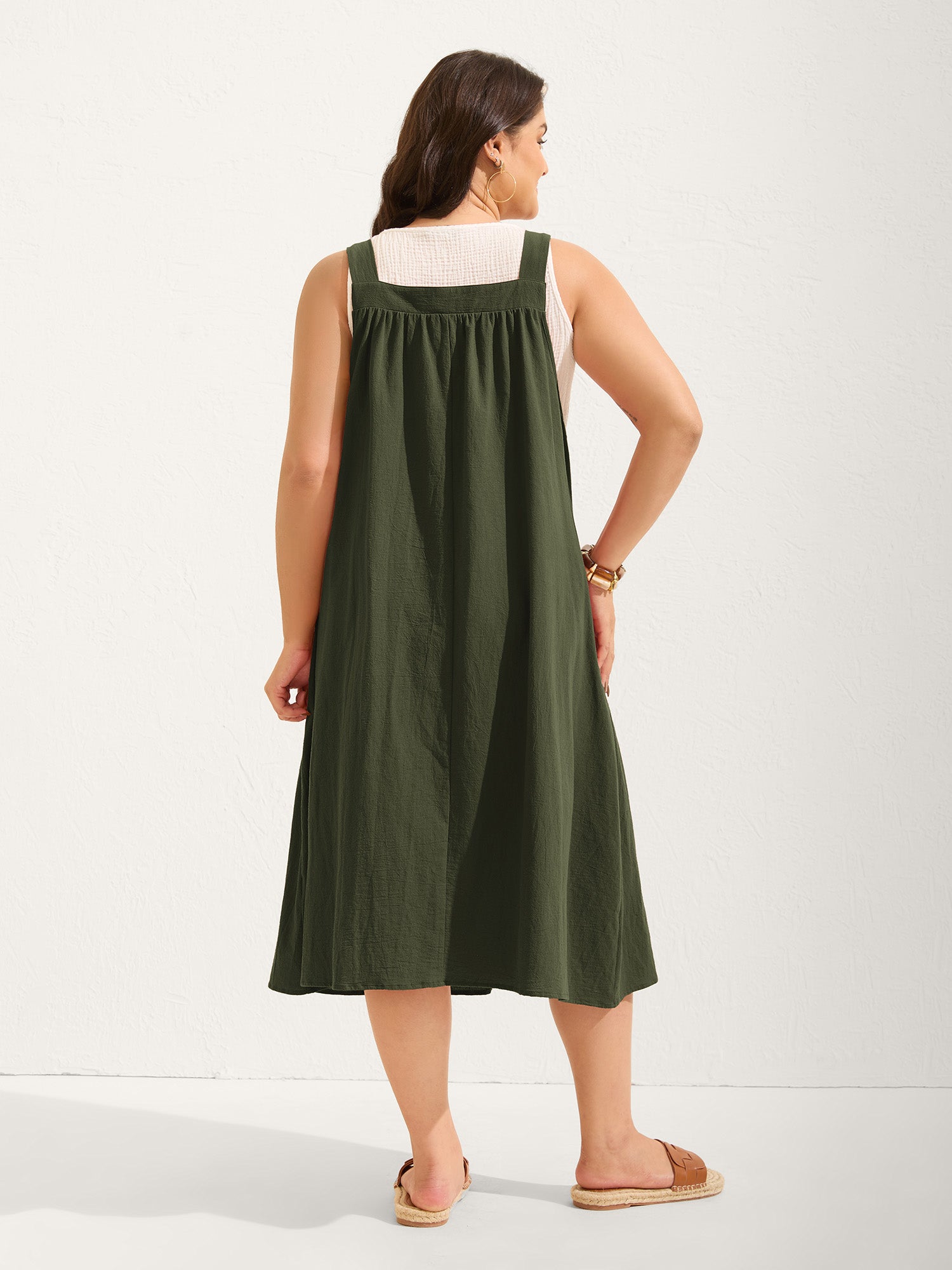 Pure Cotton Pleated Pockets Midi Dress