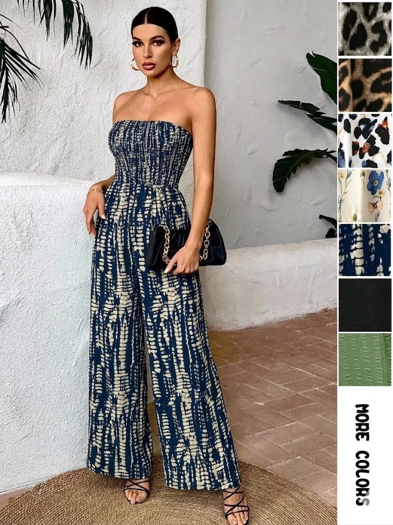 Women's Leopard Print Shirred Wide Leg Jumpsuit