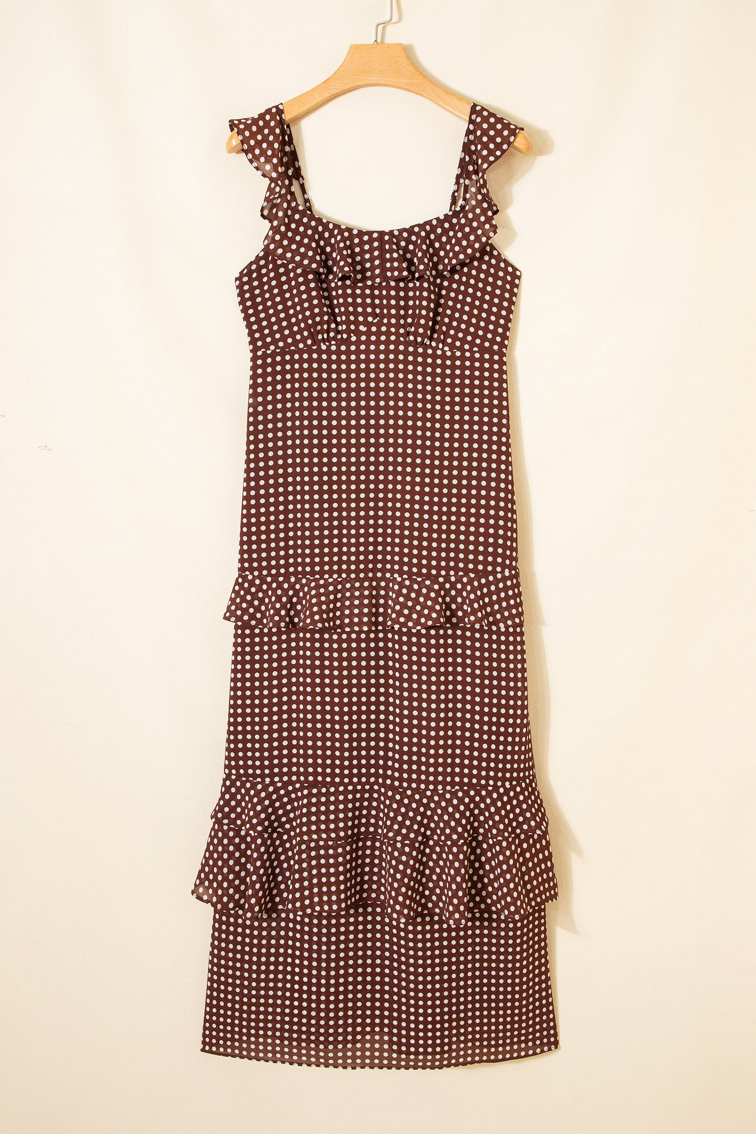 Coffee Polka Dot Print Backless Ruffled Tiered Maxi Dress