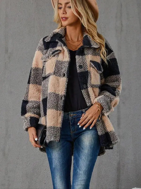 Women's Plaid Print Button Front Fuzzy Coat Plaid Jacket, Casual Drop Shoulder Long Sleeve Collared Outerwear for Fall & Winter, Ladies Clothes for Daily Wear