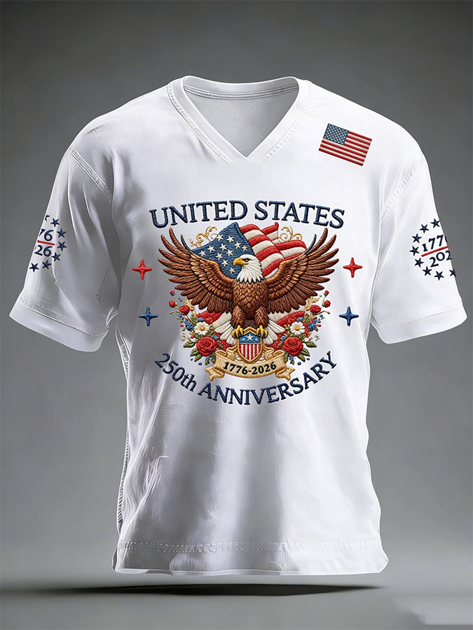 Men'S American Independence Day 250Th Anniversary Printed Short Sleeved V-Neck T-Shirt