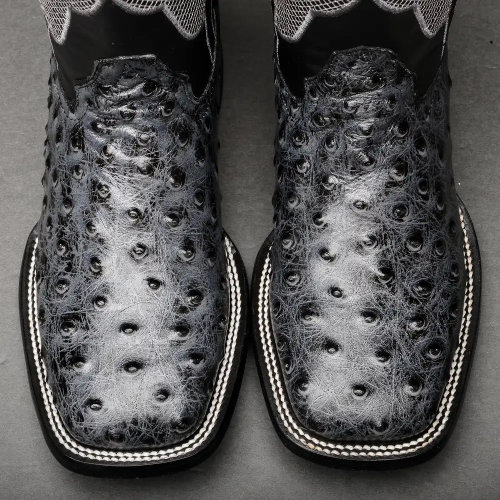 Grey Ostrich Leather Boots - Square Toe