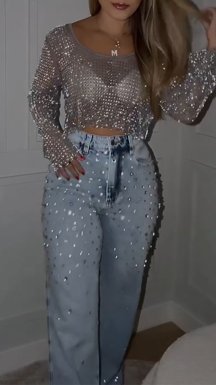 Women Round Neck Rhinestone Top+ Jeans Casual Set