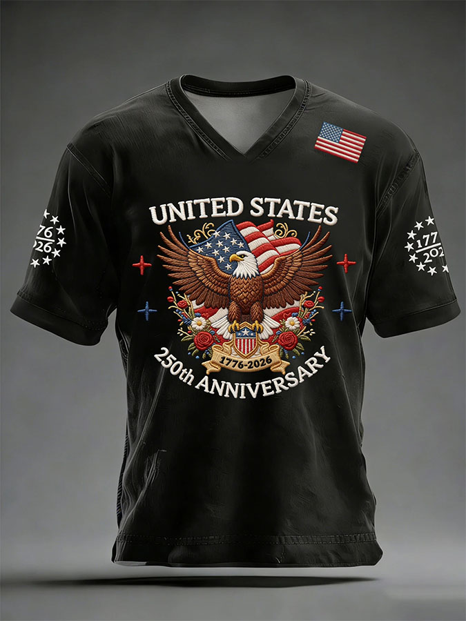 Men'S American Independence Day 250Th Anniversary Printed Short Sleeved V-Neck T-Shirt