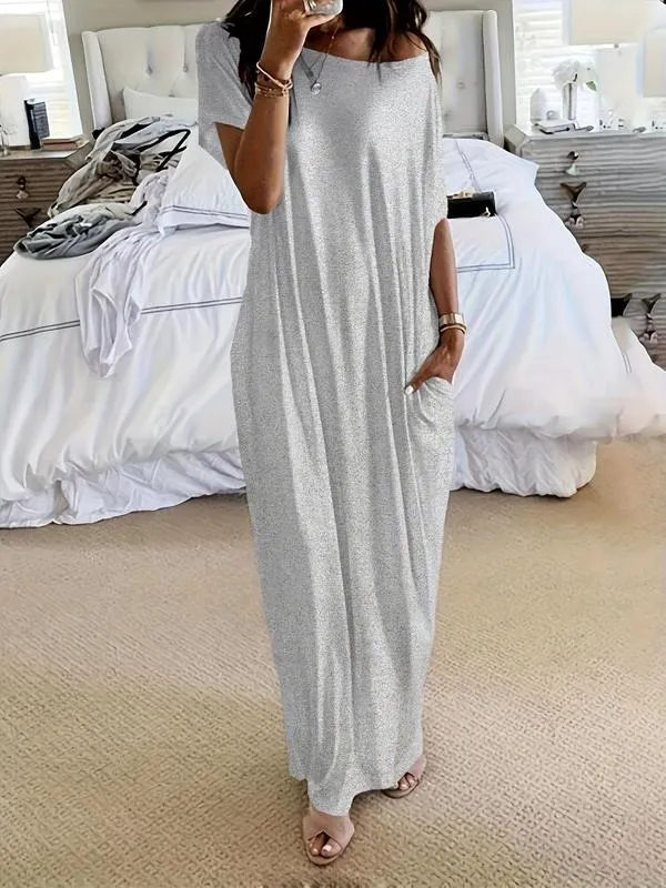Women's Solid Color Batwing Sleeve Lounge Dress, Casual Comfy Short Sleeve Nightdress for Daily Wear
