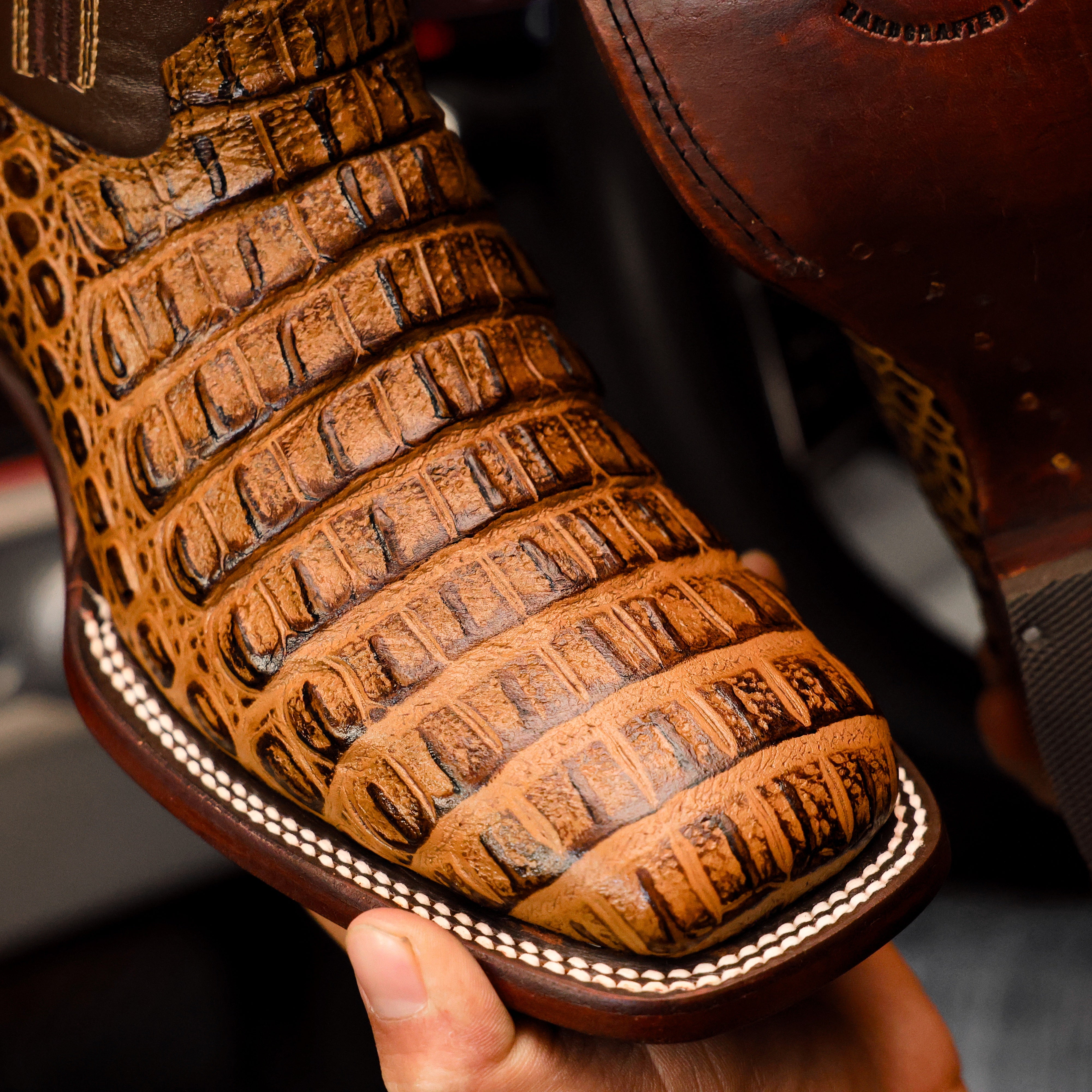 Honey Caiman Hornback Leather Boots - Square Toe