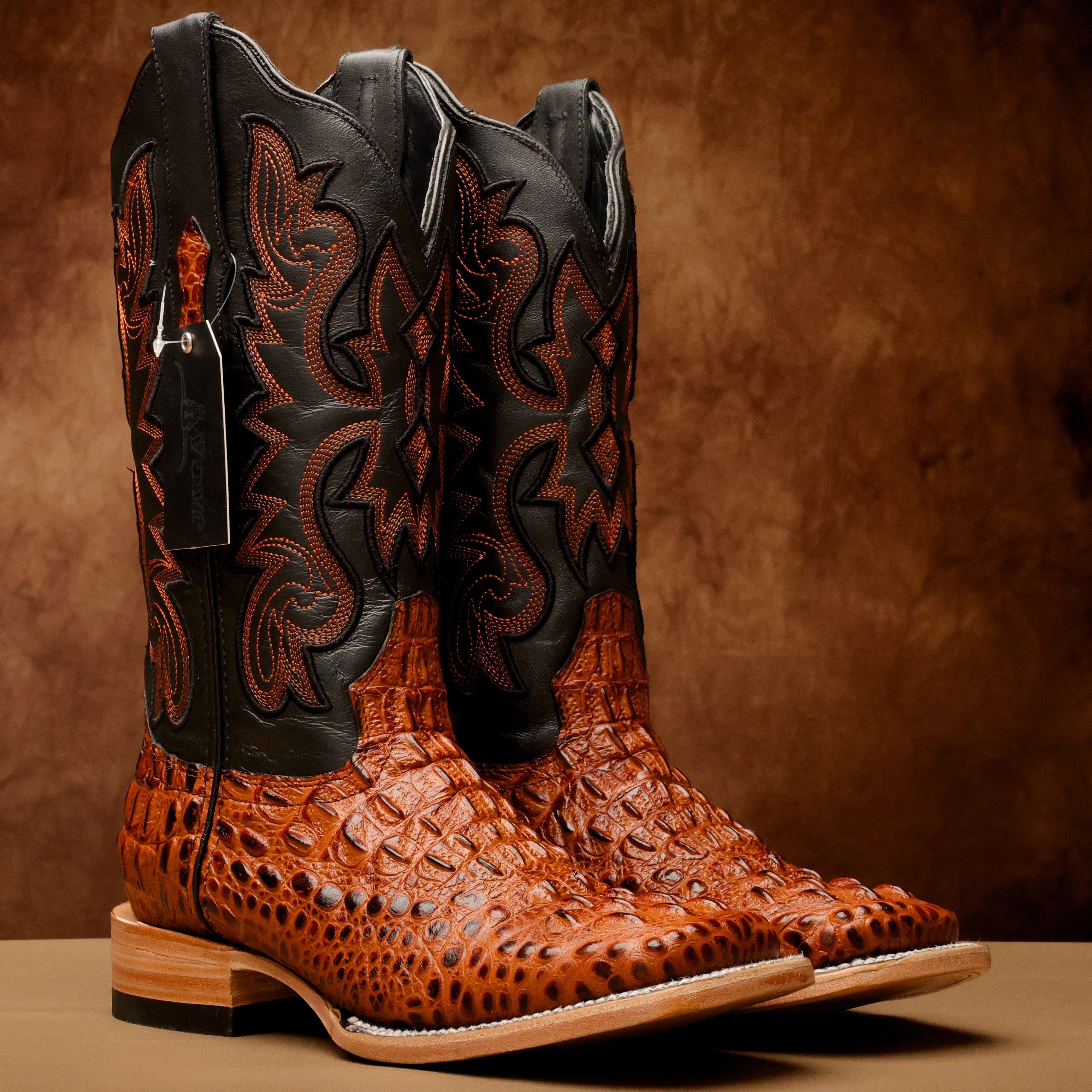 Cognac Caiman Neck Leather Boots - Square Toe
