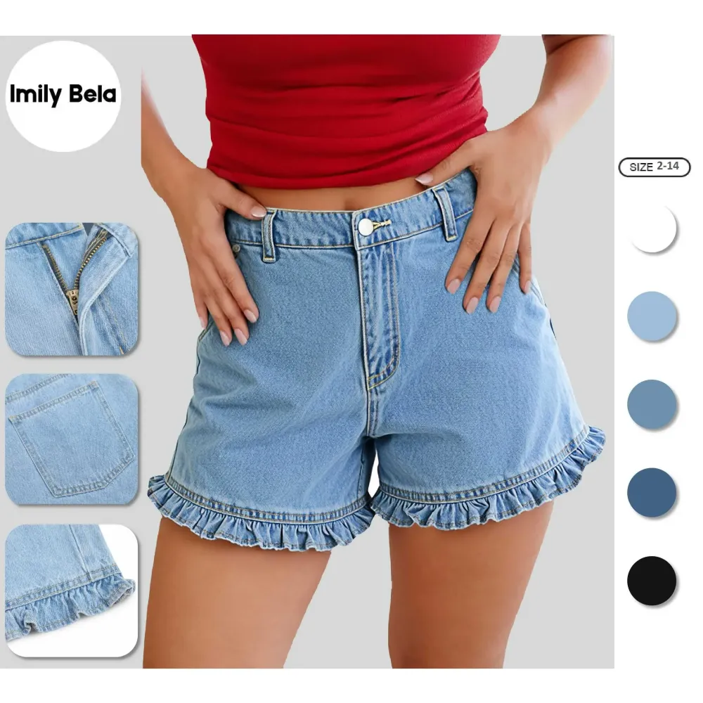 Womens Summer Ruffle Denim Shorts Cute High Waisted Cotton Short Jeans with Pockets