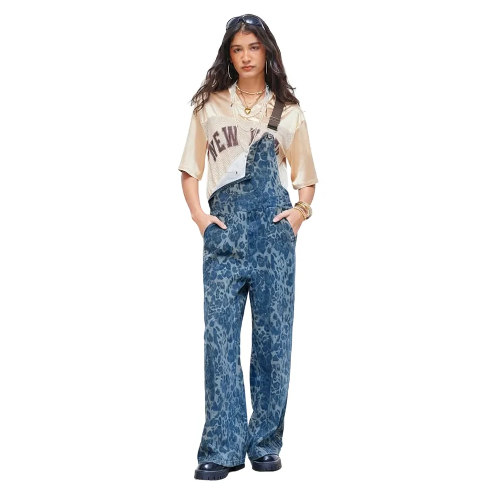 Women's Leopard Buckle Oversized Denim Wide Leg Jumpsuit