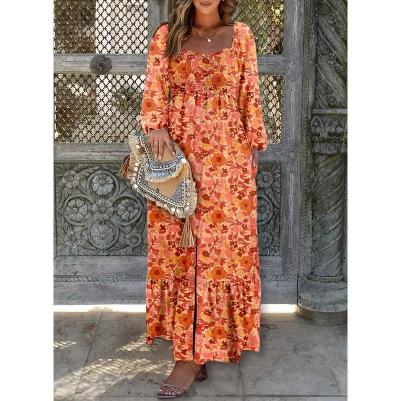 Women’s Long Sleeve Boho Dress – Square Neck & Button Detail