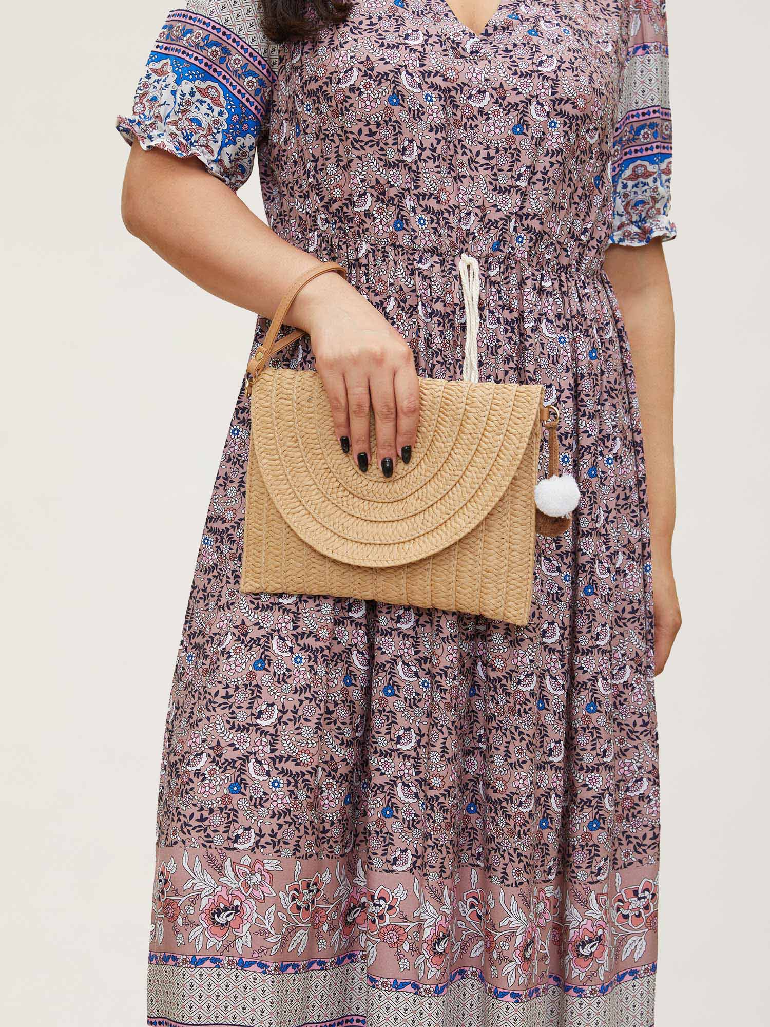 Boho Print Notched Ties Tassel Trim Dress