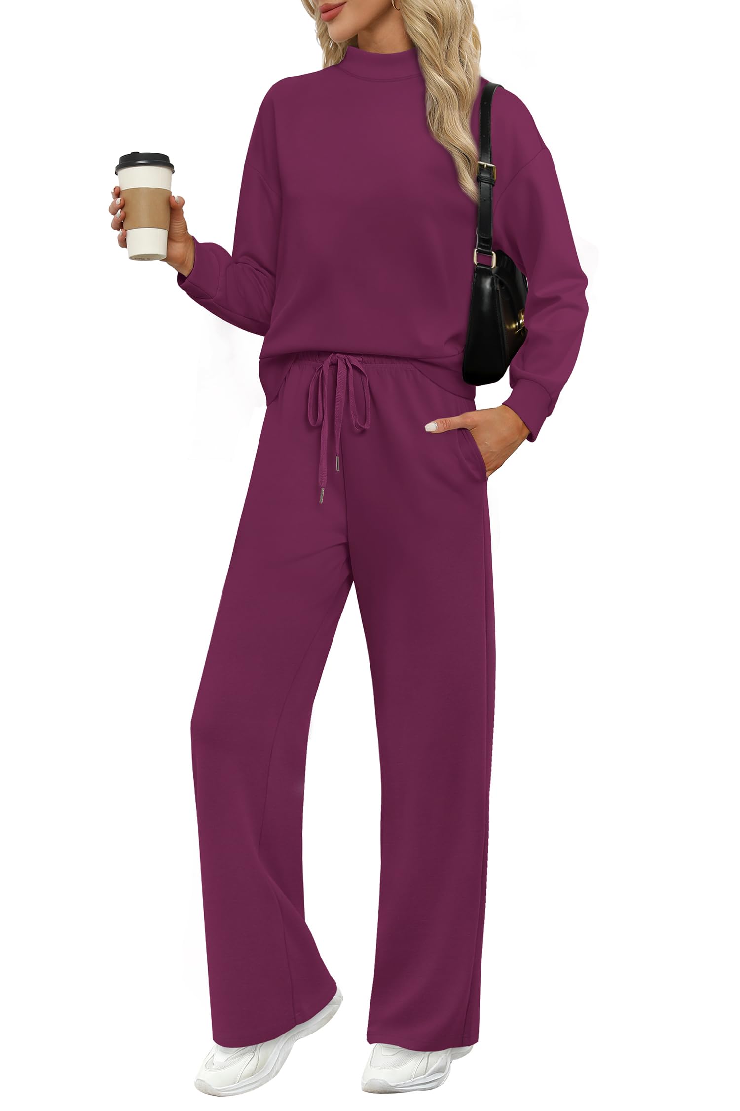 WIHOLL Two Piece Sets for Women Fall Outfits Lounge Sets Mock Neck Tops Wide Leg Pants Vacation Travel Airport Outfits