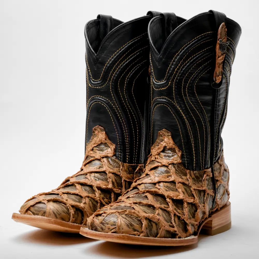 Light Brown Rustic Jumbo Pirarucu Leather Boots - Square Toe