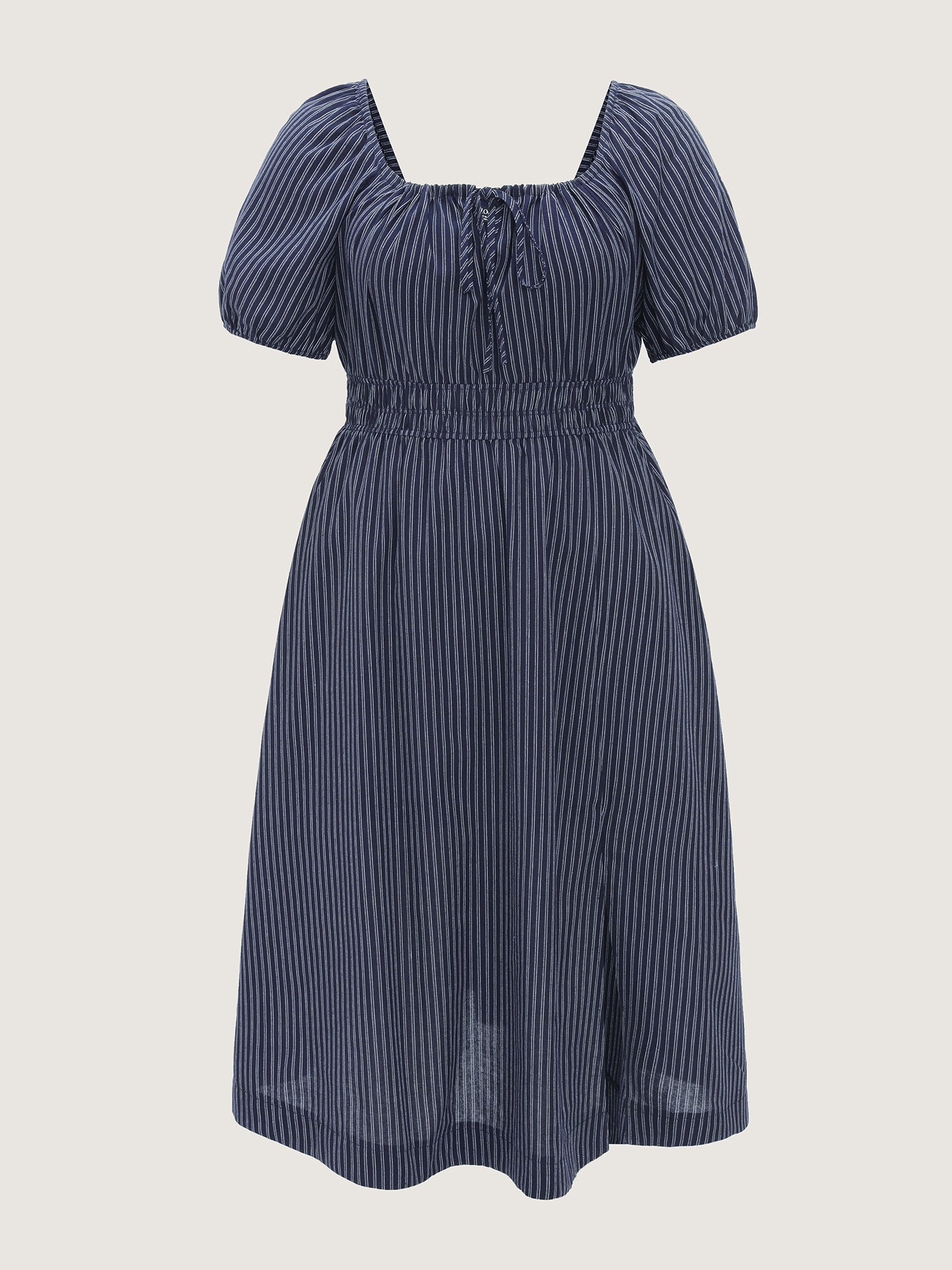 Striped Drawstring Neckline Split Hem Midi Dress