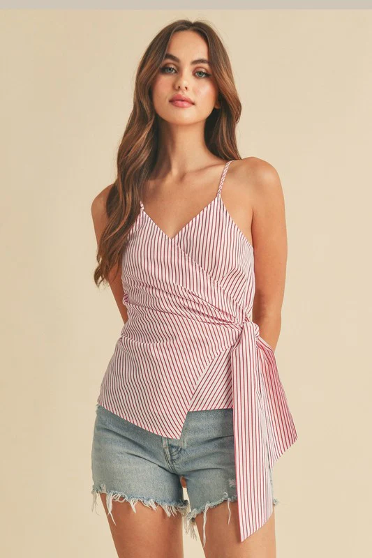 Side Knotted Surplice Striped Cami
